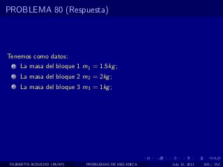 PROBLEMA 80 (Respuesta)




Tenemos como datos:
  1   La masa del bloque 1 m1 = 1.5kg ;
  2   La masa del bloque 2 m2 = 2kg ;
  3   La masa del bloque 3 m3 = 1kg ;




 FILIBERTO ACEVEDO (BUAP)   PROBLEMAS DE MECANICA   July 13, 2011   305 / 352
 
