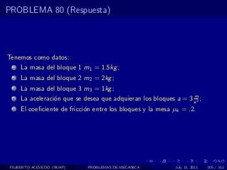 PROBLEMA 80 (Respuesta)




Tenemos como datos:
  1   La masa del bloque 1 m1 = 1.5kg ;
  2   La masa del bloque 2 m2 = 2kg ;
  3   La masa del bloque 3 m3 = 1kg ;
                                                                  m
  4   La aceleraci´n que se desea que adquieran los bloques a = 3 s 2 ;
                  o
  5   El coeﬁciente de fricci´n entre los bloques y la mesa µk = .2.
                             o




 FILIBERTO ACEVEDO (BUAP)     PROBLEMAS DE MECANICA          July 13, 2011   305 / 352
 