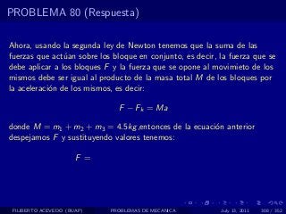PROBLEMA 80 (Respuesta)

Ahora, usando la segunda ley de Newton tenemos que la suma de las
fuerzas que act´an sobre los bloque en conjunto, es decir, la fuerza que se
                u
debe aplicar a los bloques F y la fuerza que se opone al movimieto de los
mismos debe ser igual al producto de la masa total M de los bloques por
la aceleraci´n de los mismos, es decir:
            o

                              F − Fk = Ma

donde M = m1 + m2 + m3 = 4.5kg ,entonces de la ecuaci´n anterior
                                                     o
despejamos F y sustituyendo valores tenemos:

                      F =




 FILIBERTO ACEVEDO (BUAP)   PROBLEMAS DE MECANICA          July 13, 2011   308 / 352
 
