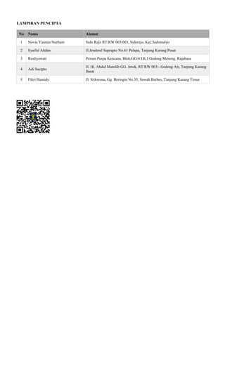 LAMPIRAN PENCIPTA
No Nama Alamat
1 Novia Yasmin Nurbaiti Sido Rejo RT/RW 003/003, Sidorejo, Kec.Sidomulyo
2 Syaiful Ahdan Jl.Jenderal Suprapto No.61 Palapa, Tanjung Karang Pusat
3 Rusliyawati Perum Puspa Kencana, Blok.GG/4 LK.I Gedong Meneng, Rajabasa
4 Adi Sucipto
Jl. Hi. Abdul Mutolib GG. Jeruk, RT/RW 003/- Gedong Air, Tanjung Karang
Barat
5 Fikri Hamidy Jl. Srikresna, Gg. Beringin No.33, Sawah Brebes, Tanjung Karang Timur
Powered by TCPDF (www.tcpdf.org)
 