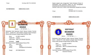Penguji Kamabigus SMK YPI AL MUBARAK
RIO FEBRIYANSYAH SUKMA ELYNA, S.E, M.Pd
SERTIFIKAT
KECAKAPAN
KHUSUS
Nomor : ..... /07.159-160/..../ ......
Berdasarkan Surat Keputusan Kwartir Naisonal Gerakan Pramuka
Nomor : 134/KN/1976. Telah diadakan pengujian Syarat Kecakapan
Khusus (SKK) Golongan Penegak dengan hasil Baik. Maka :
Nama : M. ARIEF JULIANTO
Tingkat TKU : Laksana
Gugus Depan : SMK YPI AL Mubarak Sidomulyo
Dinyatakan : LULUS
Dan berhak memakai Tanda Kecakapan Khusus (TKK) :
Jenis : Gerak Jalan
Tingkat : Madya
Bidang : Ketangkasan dan Kesehatan
Penguji : RIO FEBRIYANSYAH
Kepada anggota yang menggunakan Tanda Kecakapan Khusus ini
berkewajiban untuk senantiasa melatih diri serta meningkatkan
kemampuan dan kemahirannya secara terus-menerus.
Demikian Tanda Lulus ini dibuat untuk dipergunakan sebagaimana mestinya
Sidomulyo, .....................................
Penguji Kamabigus SMK YPI AL MUBARAK
RIO FEBRIYANSYAH SUKMA ELYNA, S.E, M.Pd
SERTIFIKAT
KECAKAPAN
KHUSUS
Nomor : ..... /07.159-160/..../ ......
Berdasarkan Surat Keputusan Kwartir Naisonal Gerakan Pramuka
Nomor : 134/KN/1976. Telah diadakan pengujian Syarat Kecakapan
Khusus (SKK) Golongan Penegak dengan hasil Baik. Maka :
Nama : M. ARIEF JULIANTO
Tingkat TKU : Bantara
Gugus Depan : SMK YPI AL Mubarak Sidomulyo
Dinyatakan : LULUS
Dan berhak memakai Tanda Kecakapan Khusus (TKK) :
Jenis : Keamanan Kampung
 