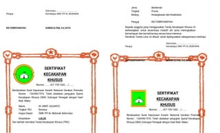 Sidomulyo, .....................................
Penguji Kamabigus SMK YPI AL MUBARAK
RIO FEBRIYANSYAH SUKMA ELYNA, S.E, M.Pd
SERTIFIKAT
KECAKAPAN
KHUSUS
Nomor : ..... /07.159-160/..../ ......
Berdasarkan Surat Keputusan Kwartir Naisonal Gerakan Pramuka
Nomor : 134/KN/1976. Telah diadakan pengujian Syarat
Kecakapan Khusus (SKK) Golongan Penegak dengan hasil
Baik. Maka :
Nama : M. ARIEF JULIANTO
Tingkat TKU : Bantara
Gugus Depan : SMK YPI AL Mubarak Sidomulyo
Dinyatakan : LULUS
Dan berhak memakai Tanda Kecakapan Khusus (TKK) :
Jenis : Berkemah
Tingkat : Purwa
Bidang : Ketangkasan dan Kesehatan
Penguji : RIO FEBRIYANSYAH
Kepada anggota yang menggunakan Tanda Kecakapan Khusus ini
berkewajiban untuk senantiasa melatih diri serta meningkatkan
kemampuan dan kemahirannya secara terus-menerus.
Demikian Tanda Lulus ini dibuat untuk dipergunakan sebagaimana mestinya
Sidomulyo, .....................................
Penguji Kamabigus SMK YPI AL MUBARAK
RIO FEBRIYANSYAH SUKMA ELYNA, S.E, M.Pd
SERTIFIKAT
KECAKAPAN
KHUSUS
Nomor : ..... /07.159-160/..../ ......
Berdasarkan Surat Keputusan Kwartir Naisonal Gerakan Pramuka
Nomor : 134/KN/1976. Telah diadakan pengujian Syarat Kecakapan
Khusus (SKK) Golongan Penegak dengan hasil Baik. Maka :
 