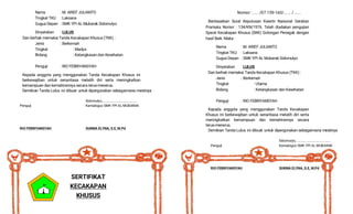 Nama : M. ARIEF JULIANTO
Tingkat TKU : Laksana
Gugus Depan : SMK YPI AL Mubarak Sidomulyo
Dinyatakan : LULUS
Dan berhak memakai Tanda Kecakapan Khusus (TKK) :
Jenis : Berkemah
Tingkat : Madya
Bidang : Ketangkasan dan Kesehatan
Penguji : RIO FEBRIYANSYAH
Kepada anggota yang menggunakan Tanda Kecakapan Khusus ini
berkewajiban untuk senantiasa melatih diri serta meningkatkan
kemampuan dan kemahirannya secara terus-menerus.
Demikian Tanda Lulus ini dibuat untuk dipergunakan sebagaimana mestinya
Sidomulyo, .....................................
Penguji Kamabigus SMK YPI AL MUBARAK
RIO FEBRIYANSYAH SUKMA ELYNA, S.E, M.Pd
SERTIFIKAT
KECAKAPAN
KHUSUS
Nomor : ..... /07.159-160/… … / ......
Berdasarkan Surat Keputusan Kwartir Naisonal Gerakan
Pramuka Nomor : 134/KN/1976. Telah diadakan pengujian
Syarat Kecakapan Khusus (SKK) Golongan Penegak dengan
hasil Baik. Maka :
Nama : M. ARIEF JULIANTO
Tingkat TKU : Laksana
Gugus Depan : SMK YPI AL Mubarak Sidomulyo
Dinyatakan : LULUS
Dan berhak memakai Tanda Kecakapan Khusus (TKK) :
Jenis : Berkemah
Tingkat : Utama
Bidang : Ketangkasan dan Kesehatan
Penguji : RIO FEBRIYANSYAH
Kepada anggota yang menggunakan Tanda Kecakapan
Khusus ini berkewajiban untuk senantiasa melatih diri serta
meningkatkan kemampuan dan kemahirannya secara
terus-menerus.
Demikian Tanda Lulus ini dibuat untuk dipergunakan sebagaimana mestinya
Sidomulyo, .....................................
Penguji Kamabigus SMK YPI AL MUBARAK
RIO FEBRIYANSYAH SUKMA ELYNA, S.E, M.Pd
 