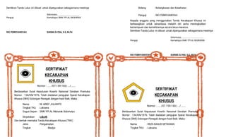Demikian Tanda Lulus ini dibuat untuk dipergunakan sebagaimana mestinya
Sidomulyo, .....................................
Penguji Kamabigus SMK YPI AL MUBARAK
RIO FEBRIYANSYAH SUKMA ELYNA, S.E, M.Pd
SERTIFIKAT
KECAKAPAN
KHUSUS
Nomor : ..... /07.159-160/..../ ......
Berdasarkan Surat Keputusan Kwartir Naisonal Gerakan Pramuka
Nomor : 134/KN/1976. Telah diadakan pengujian Syarat Kecakapan
Khusus (SKK) Golongan Penegak dengan hasil Baik. Maka :
Nama : M. ARIEF JULIANTO
Tingkat TKU : Laksana
Gugus Depan : SMK YPI AL Mubarak Sidomulyo
Dinyatakan : LULUS
Dan berhak memakai Tanda Kecakapan Khusus (TKK) :
Jenis : Pengamatan
Tingkat : Madya
Bidang : Ketangkasan dan Kesehatan
Penguji : RIO FEBRIYANSYAH
Kepada anggota yang menggunakan Tanda Kecakapan Khusus ini
berkewajiban untuk senantiasa melatih diri serta meningkatkan
kemampuan dan kemahirannya secara terus-menerus.
Demikian Tanda Lulus ini dibuat untuk dipergunakan sebagaimana mestinya
Sidomulyo, .....................................
Penguji Kamabigus SMK YPI AL MUBARAK
RIO FEBRIYANSYAH SUKMA ELYNA, S.E, M.Pd
SERTIFIKAT
KECAKAPAN
KHUSUS
Nomor : ..... /07.159-160/..../ ......
Berdasarkan Surat Keputusan Kwartir Naisonal Gerakan Pramuka
Nomor : 134/KN/1976. Telah diadakan pengujian Syarat Kecakapan
Khusus (SKK) Golongan Penegak dengan hasil Baik. Maka :
Nama : REZA BAGUS SETIAWAN
Tingkat TKU : Laksana
 