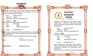 KECAKAPAN
KHUSUS
Nomor : ..... /07.159-160/..../ ......
Berdasarkan Surat Keputusan Kwartir Naisonal Gerakan Pramuka Nomor :
134/KN/1976. Telah diadakan pengujian Syarat Kecakapan Khusus (SKK)
Golongan Penegak dengan hasil Baik. Maka :
Nama : M. ARIEF JULIANTO
Tingkat TKU : Laksana
Gugus Depan : SMK YPI AL Mubarak Sidomulyo
Dinyatakan : LULUS
Dan berhak memakai Tanda Kecakapan Khusus (TKK) :
Jenis : Penata Rumah
Tingkat : Madya
Bidang : Patriotisme dan Seni Budaya
Penguji : RIO FEBRIYANSYAH
Kepada anggota yang menggunakan Tanda Kecakapan Khusus ini berkewajiban
untuk senantiasa melatih diri serta meningkatkan kemampuan dan kemahirannya
secara terus-menerus.
Demikian Tanda Lulus ini dibuat untuk dipergunakan sebagaimana mestinya
Sidomulyo, .....................................
Penguji Kamabigus SMK YPI AL MUBARAK
RIO FEBRIYANSYAH SUKMA ELYNA, S.E, M.Pd
SERTIFIKAT
KECAKAPAN
KHUSUS
Nomor : ..... /07.159-160/..../ ......
Berdasarkan Surat Keputusan Kwartir Naisonal Gerakan
Pramuka Nomor : 134/KN/1976. Telah diadakan pengujian
Syarat Kecakapan Khusus (SKK) Golongan Penegak dengan
hasil Baik. Maka :
Nama : M. ARIEF JULIANTO
Tingkat TKU : Bantara
Gugus Depan : SMK YPI AL Mubarak Sidomulyo
Dinyatakan : LULUS
Dan berhak memakai Tanda Kecakapan Khusus (TKK) :
Jenis : Gerak Jalan
Tingkat : Purwa
Bidang : Ketangkasan dan Kesehatan
Penguji : RIO FEBRIYANSYAH
Kepada anggota yang menggunakan Tanda Kecakapan
Khusus ini berkewajiban untuk senantiasa melatih diri serta
meningkatkan kemampuan dan kemahirannya secara
terus-menerus.
Demikian Tanda Lulus ini dibuat untuk dipergunakan sebagaimana mestinya
Sidomulyo, .....................................
 