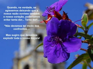 Quando, naverdade, se agíssemosdeixandoque a nossarazãoouvissetambém o nossocoração, poderíamosevitartantador... Tanta dor!..."Nãodevemostermedo dos confrontos....Mas sugiroquedeixemosexplodirtoda a nossadoçura! 