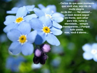 ...Certos de queessemomentoquevocê vive, sejaele de muitaalegriaou de dor…… Vaipassar!......e vocêdeveráseguiremfrente, semolharparatrás, rumo à eternidade... sempretransparente...! Porquetudopassa, mas, você é eterno... 