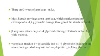  There are 3 types of amylases –α,β,.
 Most human amylases are α amylase, which catalyse random
cleavage of α -1,4 glycosidic linkage throughout the starch molecule.
 β amylases attack only α1-4 glycosidic linkage of starch molecule to
yield maltose.
 γ amylase attack α 1-4 glycosidic and α 1-6 glycosidic linkage at the
non reducing end of amylose and amylopectin , yielding glucose.
 