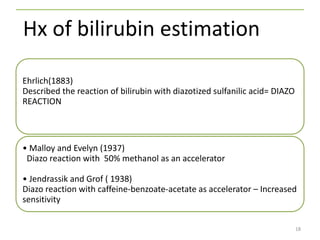 Hx of bilirubin estimation
Ehrlich(1883)
Described the reaction of bilirubin with diazotized sulfanilic acid= DIAZO
REACTION
• Malloy and Evelyn (1937)
Diazo reaction with 50% methanol as an accelerator
• Jendrassik and Grof ( 1938)
Diazo reaction with caffeine-benzoate-acetate as accelerator – Increased
sensitivity
18
 