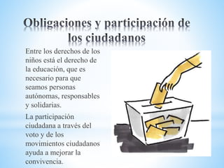Entre los derechos de los
niños está el derecho de
la educación, que es
necesario para que
seamos personas
autónomas, responsables
y solidarias.
La participación
ciudadana a través del
voto y de los
movimientos ciudadanos
ayuda a mejorar la
convivencia.
 