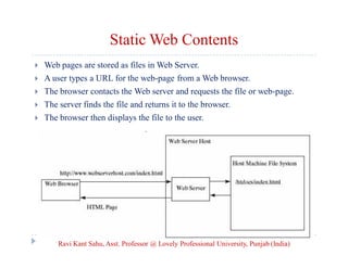 Static Web Contents


Web pages are stored as files in Web Server.



A user types a URL for the web-page from a Web browser.



The browser contacts the Web server and requests the file or web-page.



The server finds the file and returns it to the browser.



The browser then displays the file to the user.

Ravi Kant Sahu, Asst. Professor @ Lovely Professional University, Punjab (India)

 