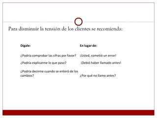Para disminuir la tensión de los clientes se recomienda:
Dígale: En lugar de:
¿Podría comprobar las cifras por favor? ¡Usted, cometió un error!
¿Podría explicarme lo que paso? ¡Debió haber llamado antes!
¿Podría decirme cuando se enteró de los
cambios? ¿Por qué no llamo antes?
 