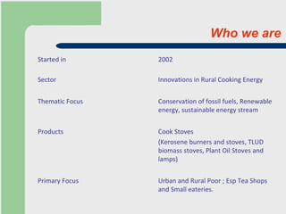 Who we are Urban and Rural Poor ; Esp Tea Shops and Small eateries. Primary Focus Cook Stoves (Kerosene burners and stoves, TLUD biomass stoves, Plant Oil Stoves and lamps) Products Conservation of fossil fuels, Renewable energy, sustainable energy stream  Thematic Focus Innovations in Rural Cooking Energy Sector 2002 Started in 
