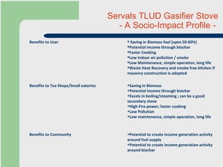 Servals TLUD Gasifier Stove  - A Socio-Impact Profile -  Saving in Biomass fuel (upto 50-60%) Potential income through biochar  Faster Cooking Low Indoor air pollution / smoke Low Maintenance, simple operation, long life Waste Heat Recovery and smoke free kitchen if masonry construction is adopted Benefits to User Potential to create income generation activity around fuel supply Potential to create income generation activity around biochar Benefits to Community Saving in Biomass Potential Income through biochar Excels in boiling/steaming ; can be a good secondary stove High Fire power; faster cooking Low Pollution Low maintenance, simple operation, long life Benefits to Tea Shops/Small eateries 