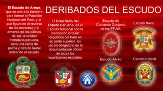 DERIBADOS DEL ESCUDO
El Escudo de Armas
que se une a la bandera
para formar el Pabellón
Nacional del Perú, y el
que figura en el reverso
de las monedas y el
anverso de los billetes
de sol, la unidad
monetaria peruana,
lleva una rama de
palma y otra de laurel
rodeando el escudo.
El Gran Sello del
Estado Peruano, es el
Escudo Nacional con la
inscripción circular
República del Perú en
su parte superior. Su
uso es obligatorio en la
documentación oficial
de todas las
reparticiones estatales.
Escudo del
Comando Conjunto
de las FF.AA.
Escudo Aéreo
Escudo Naval
Escudo Policial
 