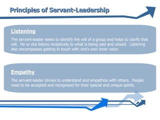 Principles of Servant-Leadership Listening The servant-leader seeks to identify the will of a group and helps to clarify that will.  He or she listens receptively to what is being said and unsaid.  Listening also encompasses getting in touch with one's own inner voice.  Empathy The servant-leader strives to understand and empathize with others.  People need to be accepted and recognized for their special and unique spirits.  