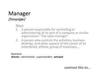 Manager
/ˈmanijər/
Noun
1. A person responsible for controlling or
administering all or part of a company or similar
organ...