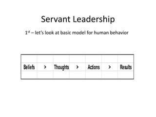 Servant Leadership
1st – let’s look at basic model for human behavior
Beliefs > Thoughts > Actions > Results
 