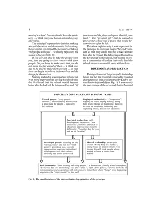 8 G. M. STEYN 
ment of a school. Parents should have the privi-lege 
… I think everyone has an astonishing say 
and value. 
The principal’s approach to decision making 
was collaborative and democratic. In his story, 
the principal confirmed the necessity of taking 
“the people with you”. He clearly explained his 
stance in Steyn (2006: 7): 
If you are not able to take the people with 
you, you are going to lose contact with your 
people. So you have to make sure that you do 
not move too far ahead of them … I think one 
has to be able to make them excited … so that 
they can begin to believe in themselves and do 
things for themselves. 
Sharing leadership was important to him, but 
even more important was leaving the school with 
the likelihood that the school would become 
better after he had left. In this regard he said: “If 
you leave and the place collapses, then it’s your 
fault.” The “greatest gift” that he wanted to 
give to the school was a place that would be-came 
better after he left. 
This view explains why it was important for 
the principal to empower people “beyond” him-self 
so that they could run the school without 
him after he retired. He did not regard himself as 
the key player in the school, but wanted to cre-ate 
a community of leaders that could lead the 
school to more successful even without him. 
DISCUSSION AND REFLECTION 
The significance of the principal’s leadership 
lies in the fact the principal remarkably revealed 
characteristics that are supported by Laub’s ser-vant 
leadership model (see Fig. 1). It was mainly 
the core values of the principal that influenced 
PRINCIPAL’S CORE VALUES AND PERSONAL TRAITS 
Valued people: “very people 
oriented”; extraordinarily blessed with 
a great love for people – especially 
for children 
Displayed authenticity: “Compassion”: 
stopping to listen; saying nothing; being 
there where things are happening; humility 
the crux of leadership; honouring and 
respecting others; passion for education 
Provided leadership: self-development 
important; “not 
autocratic”; holistic approach to 
education; approaching students 
differently; “Another day for you 
and me in Paradise” 
Developed people: focusing on the 
“strong points” and not the “weak 
points”; providing many growth 
opportunities; matching individuals’ 
development with their talents; 
enriching the school curriculum 
Shared leadership: ownership 
crucial: “Every body is a leader.”; 
strong focus on empowerment even 
beyond himself; took people along; 
wanted to leave a better place 
behind 
Built community: “Start trusting and using people.”; a harmonious, friendly school atmosphere; 
“Everyone has an astonishing say and value.”; open door policy; various methods of 
communicating and cooperating with role players; being there where “things” were happening; 
appointing the “right people” to the staff 
Fig. 1. The manifestation of the servant-leadership practice of the principal 
 