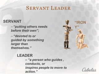 SERVANT LEADER
“IRON
Y”
SERVANT
– “putting others needs
before their own”;
– “devoted to or
guided by something
larger than
themselves.”
LEADER
– “a person who guides ,
conducts, or
inspires people to move to
action.”
 