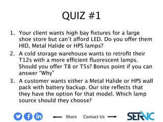 1. Your client wants high bay fixtures for a 
large shoe store but can’t afford LED. Do 
you offer them HID, Metal Halide or HPS 
lamps? 
2. A cold storage warehouse wants to 
retrofit their T12s with a more efficient 
fluorescent lamps. Should you offer T8 
or T5s? Bonus point if you can answer 
“Why” 
3. A customer wants either a Metal Halide 
or HPS wall pack with battery backup. 
Our site reflects that they have the 
option for that model. Which lamp 
source should they choose? 
QUIZ #1 
Share Contact Us 
Contact Us 
Now! 
Interested in how you did? 
If you’d like the answers… 
 
