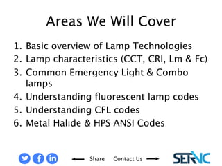 1. Basic overview of Lamp Technologies 
2. Lamp characteristics (CCT, CRI, Lm & Fc) 
3. Common Emergency Light & Combo lamps 
4. Understanding fluorescent lamp codes 
5. Understanding CFL codes 
6. Metal Halide & HPS ANSI Codes 
AREAS THAT WILL BE COVERED 
Share Contact Us 
 