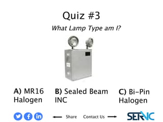 A) MR16 
Halogen 
B) Sealed Beam 
INC 
C) Bi-Pin 
Halogen 
WHAT LAMP TYPE AM I? 
Share Contact Us 
 
