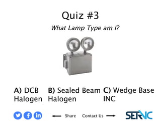 A) DCB 
Halogen 
B) Sealed Beam 
Halogen 
C) Wedge Base 
INC 
WHAT LAMP TYPE AM I? 
Share Contact Us 
Contact Us 
Now! 
Interested in how you did? 
If you’d like the answers… 
 