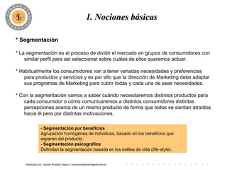 PROGRAMA
                                                  1. Nociones básicas

* Segmentación

* La segmentación es el proceso de dividir el mercado en grupos de consumidores con
    similar perfil para así seleccionar sobre cuáles de ellos queremos actuar.

* Habitualmente los consumidores van a tener variadas necesidades y preferencias
    para productos y servicios y es por ello que la dirección de Marketing debe adaptar
    sus programas de Marketing para cubrir todas y cada una de esas necesidades.

* Con la segmentación vamos a saber cuándo necesitaremos distintos productos para
    cada consumidor o cómo comunicaremos a distintos consumidores distintas
    percepciones acerca de un mismo producto de forma que todos se sientan atraídos
    hacia él pero por distintas motivaciones.

                - Segmentación por beneficios
                Agrupación homogénea de individuos, basado en los beneficios que
                esperan del producto.
                - Segmentación psicográfica
                Delimitan la segmentación basada en los estilos de vida (life-style).


    Elaborado por: Juanita Acevedo Segura / juaniace@advantageservice.es
 
