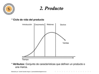 PROGRAMA
                                               2. Producto

* Ciclo de vida del producto




* Atributos: Conjunto de características que definen un producto o
    una marca.
Elaborado por: Juanita Acevedo Segura / juaniace@advantageservice.es
 
