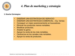 PROGRAMA
                                   4. Plan de marketing y estrategia

3. Diseñar Estrategias:

                 •       DISEÑAR UNA ESTRATEGIA DE SERVICIO
                 •       DISEÑAR UNA ESTRATEGIA COMERCIAL – Eq. Ventas
                 •       Conseguir un mejor posicionamiento en buscadores.
                 •       Eliminar los productos menos rentables.
                 •       Modificar productos.
                 •       Ampliar la gama.
                 •       Apoyar la venta de los más rentables.
                 •       Centrarnos en los canales más rentables.
                 •       Apoyar la venta de productos.




       Elaborado por: Juanita Acevedo Segura / juaniace@advantageservice.es
 