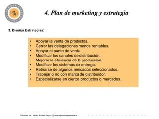 PROGRAMA
                                   4. Plan de marketing y estrategia

3. Diseñar Estrategias:


                 •       Apoyar la venta de productos.
                 •       Cerrar las delegaciones menos rentables.
                 •       Apoyar el punto de venta.
                 •       Modificar los canales de distribución.
                 •       Mejorar la eficiencia de la producción.
                 •       Modificar los sistemas de entrega.
                 •       Retirarse de algunos mercados seleccionados.
                 •       Trabajar o no con marca de distribuidor.
                 •       Especializarse en ciertos productos o mercados.




       Elaborado por: Juanita Acevedo Segura / juaniace@advantageservice.es
 