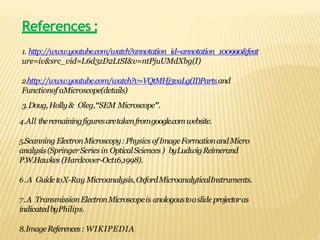 References :
1. http://www.youtube.com/watch?annotation_id=annotation_100990&feat
ure=iv&src_vid=L6d3zD2LtSI&v=ntPjuUMdXbg(I)
2.http://www.youtube.com/watch?v=VQtMHj3vaLg(II)Partsand
Functionof aMicroscope(details)
3.Doug,Holly& Oleg,“SEM Microscope”.
4.All theremainingfiguresaretakenfromgoogle.comwebsite.
5.Scanning ElectronMicroscopy:Physics ofImageFormationandMicro
analysis(SpringerSeries in OpticalSciences) byLudwigReimerand
P.W.Hawkes (Hardcover-Oct16,1998).
6.A GuidetoX-Ray Microanalysis,OxfordMicroanalyticalInstruments.
7.A TransmissionElectronMicroscopeis anologoustoaslide projectoras
indicatedbyPhilips.
8.ImageReferences: WIKIPEDIA
 