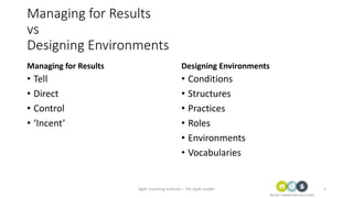 Managing for Results
vs
Designing Environments
Managing for Results
• Tell
• Direct
• Control
• ‘Incent’
Designing Environ...