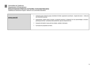 Generalitat de Catalunya
Departament d’Ensenyament
Direcció General d’Atenció a la Família i Comunitat Educativa
Subdirecció General de Suport i Atenció a la Comunitat Educativa
AVALUACIÓ
 Avaluació grupal: dinàmica grupal, idoneïtat de l’entitat, capacitat de coordinació , impacte del servei i millora de
les conductes prosocials,
 Autoavaluació: reflexió sobre el procés, la implicació personal, la integració de nous aprenentatges, vinculació i
pertinença al territori. Consciència dels problemes i grau de compromís cívic.
 Avaluació del treball en xarxa amb les entitats: visibilitat, interrelació…
 Formulació de propostes de millora
34
 