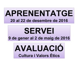 APRENENTATGE
20 al 22 de desembre de 2016
SERVEI
9 de gener al 2 de maig de 2016
AVALUACIÓ
Cultura i Valors Ètics
 