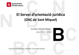 El Servei d’orientació jurídica
(OAC de Sant Miquel)
Anàlisi de les dades
(anys 2011 i 2012)
Comissió de Seguretat i mobilitat, 15 de juliol de 2013
 