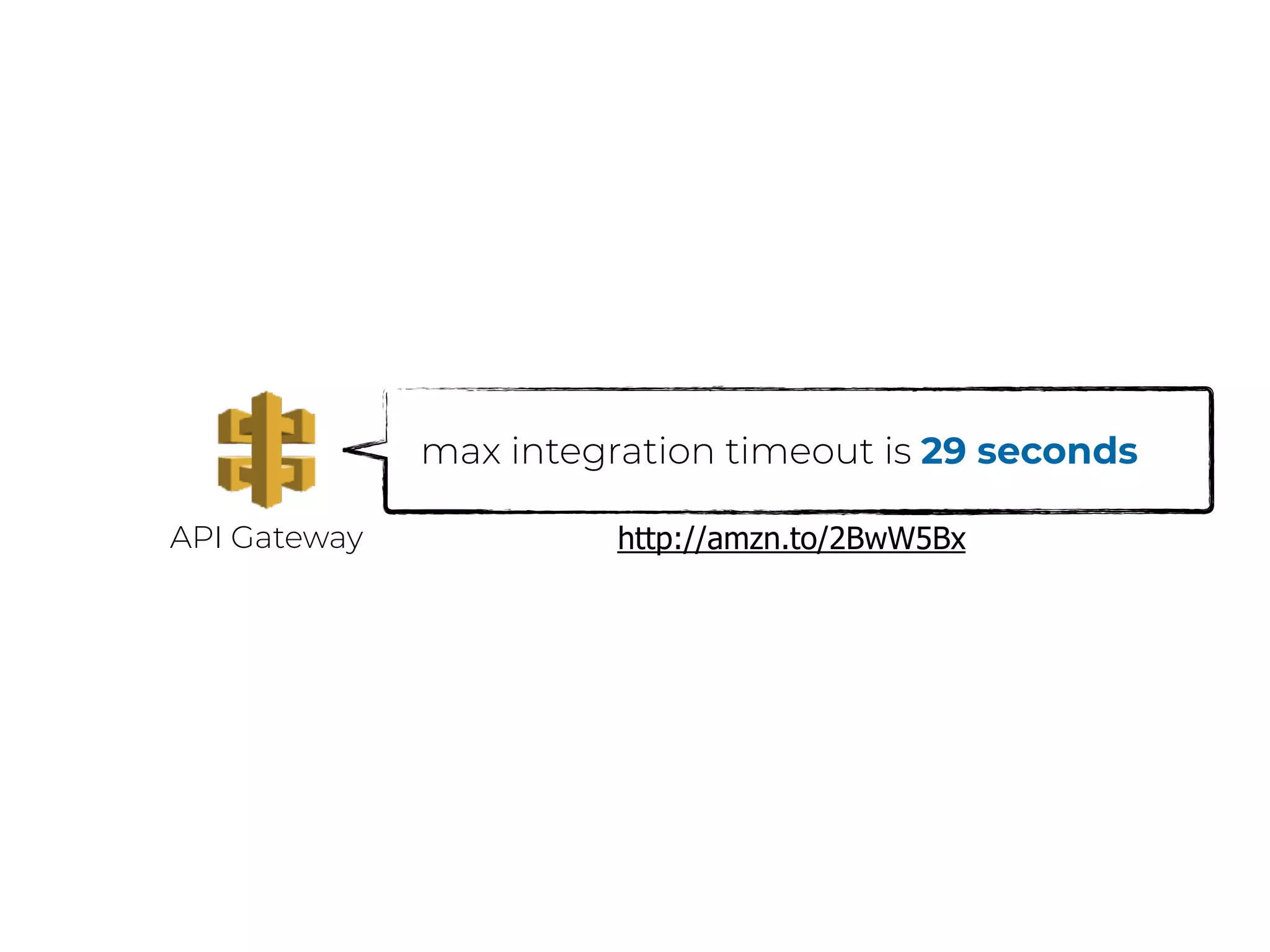 API Gateway
max integration timeout is 29 seconds
http://amzn.to/2BwW5Bx
 