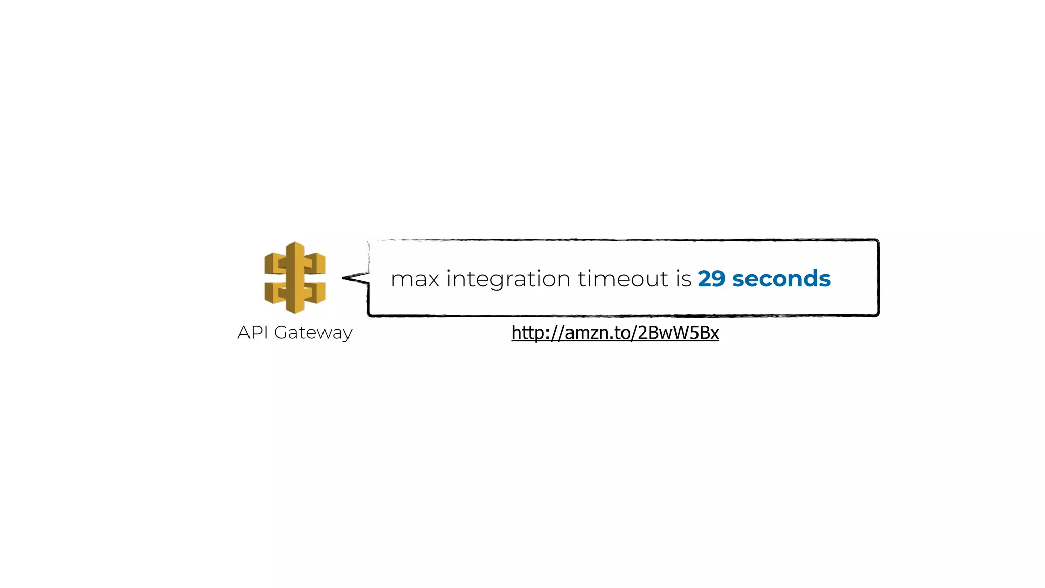 API Gateway
max integration timeout is 29 seconds
http://amzn.to/2BwW5Bx
 
