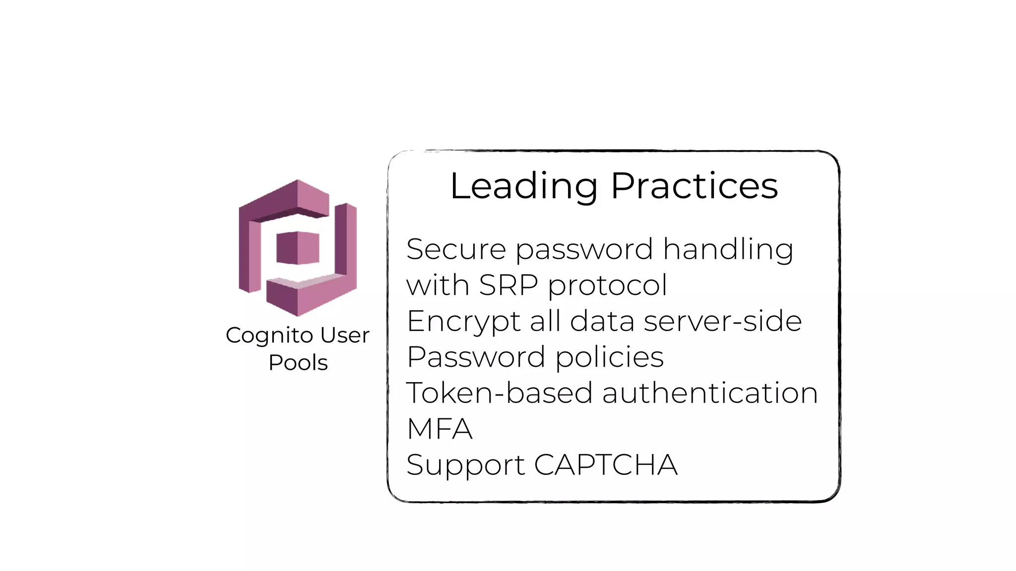 Federated
Identities
Sync
Leading Practices
Secure password handling
with SRP protocol
Encrypt all data server-side
Password policies
Token-based authentication
MFA
Support CAPTCHA
Cognito User
Pools
 