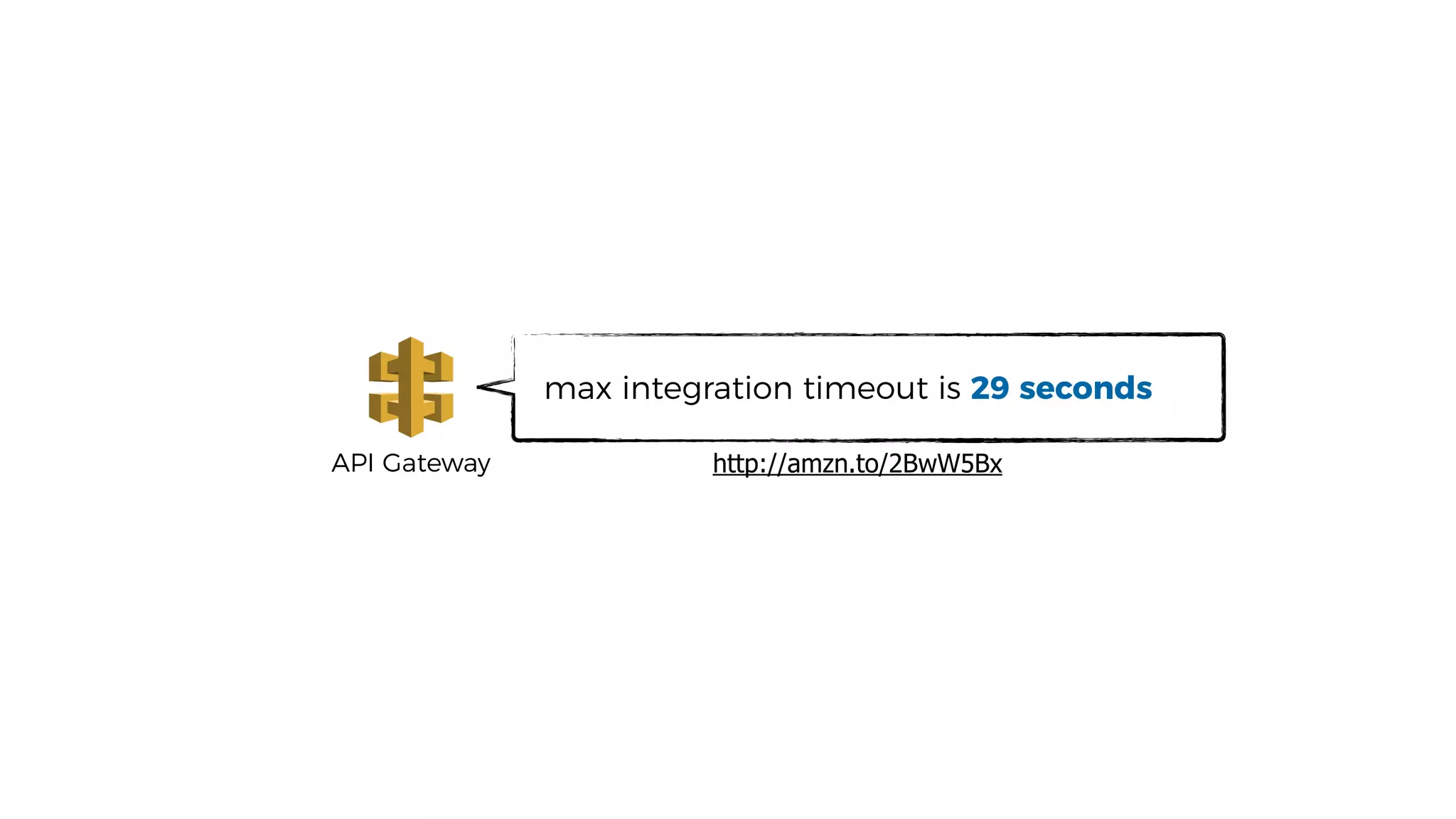 API Gateway
max integration timeout is 29 seconds
http://amzn.to/2BwW5Bx
 