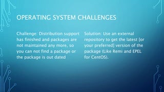 OPERATING SYSTEM CHALLENGES
Challenge: Distribution support
has finished and packages are
not maintained any more, so
you can not find a package or
the package is out dated
Solution: Use an external
repository to get the latest [or
your preferred] version of the
package (Like Remi and EPEL
for CentOS).
 