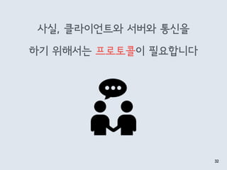 사실, 클라이언트와 서버와 통신을 
 
하기 위해서는 프로토콜이 필요합니다
32
 