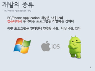 개발의 종류
PC/Phone Application 개발은 사용자의  
컴퓨터에서 동작하는 프로그램을 개발하는 것이다
이런 프로그램은 인터넷에 연결될 수도, 아닐 수도 있다
PC/Phone Application 개발
5
 