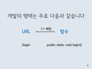 개발의 형태는 주로 다음과 같습니다
51
URL 함수
1:1 매칭
/login public static void login()
 