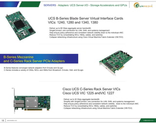 SERVERS - Adapters: UCS Server I/O - Storage Accelerators and GPUs
18 www.smediavn.com info@smediavn.com
. Deliver up to 80 Gbps aggregate server bandwidth
. SingleConnect: one connection for LAN, SAN, and systems management
. Help ensure policy adherence and consistent network visibility down to the individual vNIC
. Reduce TCO by consolidating NICs, HBAs, cables, and switches
. Collapse networking infrastructure using Cisco Virtual Machine Fabric Extender (VM FEX)
. B-Series features converged network adapters from Emulex and QLogic
. C-Series includes a variety of CNAs, NICs, and HBAs from Broadcom, Emulex, Intel, and QLogic
UCS B-Series Blade Server Virtual Interface Cards
VICs: 1240, 1280 and 1340, 1380
. Deliver up to 40 Gbps aggregate bandwidth
. Simplify with SingleConnect: one connection for LAN, SAN, and systems management
. Help ensure policy adherence and consistent network visibility , down to the individual vNIC
. Reduce TCO by consolidating NICs, HBAs, cables, and switches
. Collapse networking infrastructure using Virtual Machine Fabric Extender (VM FEX)
Cisco UCS C-Series Rack Server VICs
Cisco UCS VIC 1225 andVIC 1227
B-Series Mezzanine
and C-Series Rack Server PCIe Adapters
 