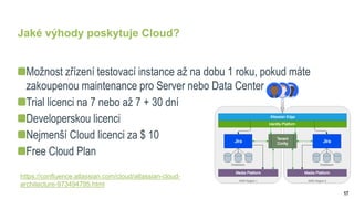 17
Jaké výhody poskytuje Cloud?
Možnost zřízení testovací instance až na dobu 1 roku, pokud máte
zakoupenou maintenance pro Server nebo Data Center
Trial licenci na 7 nebo až 7 + 30 dní
Developerskou licenci
Nejmenší Cloud licenci za $ 10
Free Cloud Plan
https://confluence.atlassian.com/cloud/atlassian-cloud-
architecture-973494795.html
 
