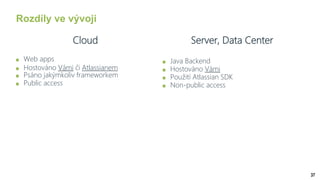 37
Rozdíly ve vývoji
Cloud
Web apps
Hostováno Vámi či Atlassianem
Psáno jakýmkoliv frameworkem
Public access
Server, Data Center
Java Backend
Hostováno Vámi
Použití Atlassian SDK
Non-public access
 