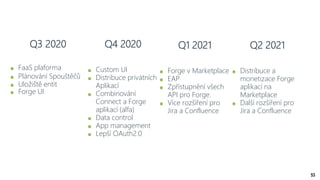 53
Q3 2020
FaaS plaforma
Plánování Spouštěčů
Uložiště entit
Forge UI
Q4 2020
Custom UI
Distribuce privátních
Aplikací
Combinování
Connect a Forge
aplikací (alfa)
Data control
App management
Lepší OAuth2.0
Q1 2021
Forge v Marketplace
EAP
Zpřístupnění všech
API pro Forge.
Více rozšíření pro
Jira a Confluence
Q2 2021
Distribuce a
monetizace Forge
aplikací na
Marketplace
Další rozšíření pro
Jira a Confluence
 