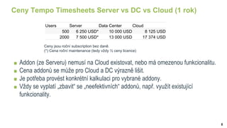 8
Ceny Tempo Timesheets Server vs DC vs Cloud (1 rok)
Users Server Data Center Cloud
500 6 250 USD* 10 000 USD 8 125 USD
2000 7 500 USD* 13 000 USD 17 374 USD
Ceny jsou roční subscription bez daně.
(*) Cena roční maintenance (tedy vždy ½ ceny licence)
Addon (ze Serveru) nemusí na Cloud existovat, nebo má omezenou funkcionalitu.
Cena addonů se může pro Cloud a DC výrazně lišit.
Je potřeba provést konkrétní kalkulaci pro vybrané addony.
Vždy se vyplatí „zbavit“ se „neefektivních“ addonů, např. využít existující
funkcionality.
 